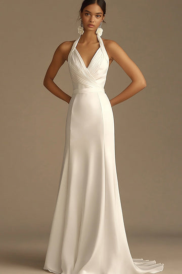 Robe de mariée sirène en satin froncé dos nu blanc
